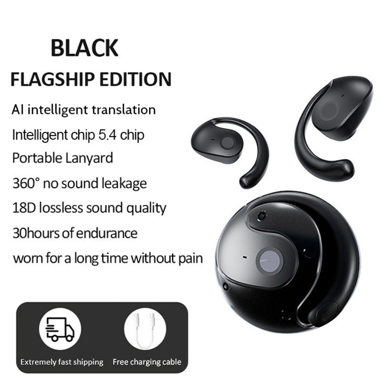 Black T2 AI Smart Translation Earbuds – Open-Ear OWS Bluetooth 5.4 Headphones with Simultaneous Interpretation & IPX4 Waterproof