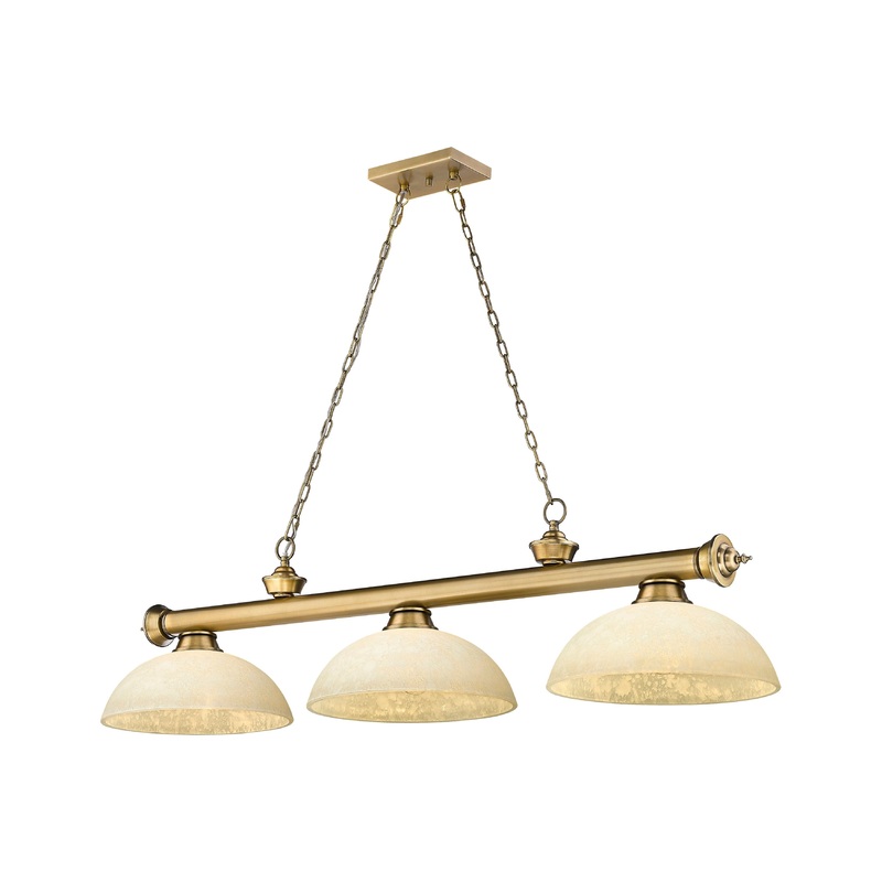 Cordon 3-Light Billiard Rubbed Brass Dome Golden Mottle Glass
