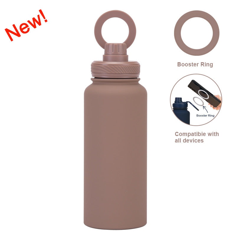 Brown 1L Stainless Steel Water Bottle with Magnetic Phone Holder Lid – Portable Hydration & Hands-Free Stand