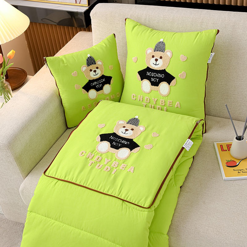 Green Cap Bear 2-in-1 Foldable Car Pillow Blanket – Cozy 40x40cm Pillow, Unfolds to 100x150cm Blanket for Travel and Office Naps