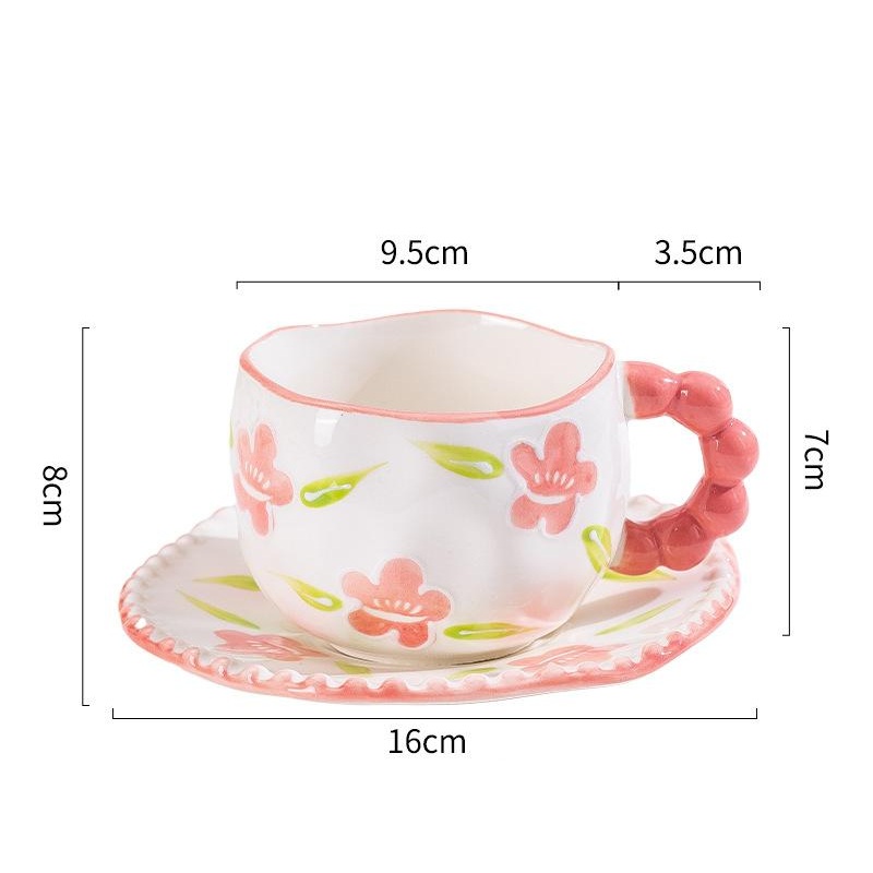 Hand-Painted Ceramic Coffee Mug and Saucer Set – Whimsical Afternoon Tea Cup with Spoon(Smiley pink flower)