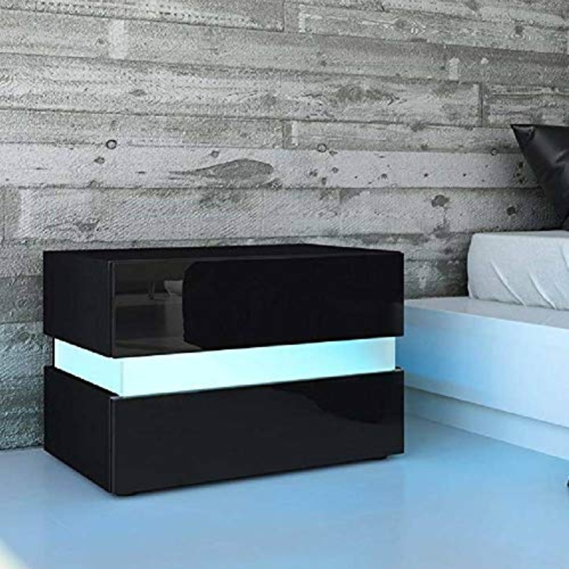 lyrlody Comodino Bianco/Nero con 2 Cassetti, Comodino Camera da Letto Lucido Comodino Cameretta con Illuminazione LED Blu e Telecomando, 60 x 39 x 45cm (Nero)