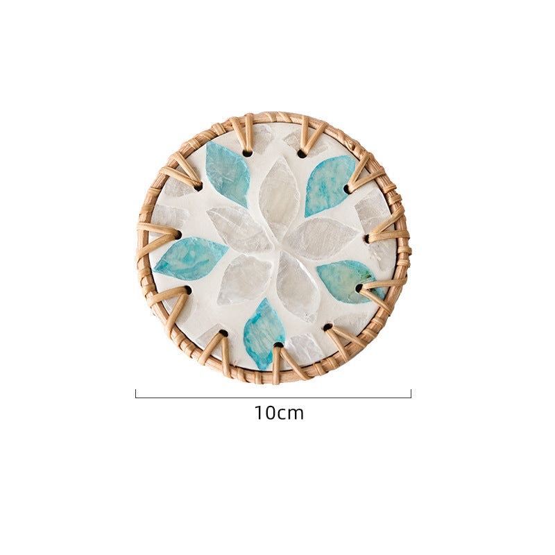 4 Pcs Beige Background With Blue and Grey flower Handcrafted Rattan Coaster with Natural Shell Inlay – Decorative & Heat Insulating Drink Mat