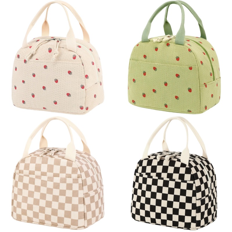 Beige Strawberry Pattern Corduroy Lunch Bag – Insulated Thermal Cooler Tote for School Work and Picnics