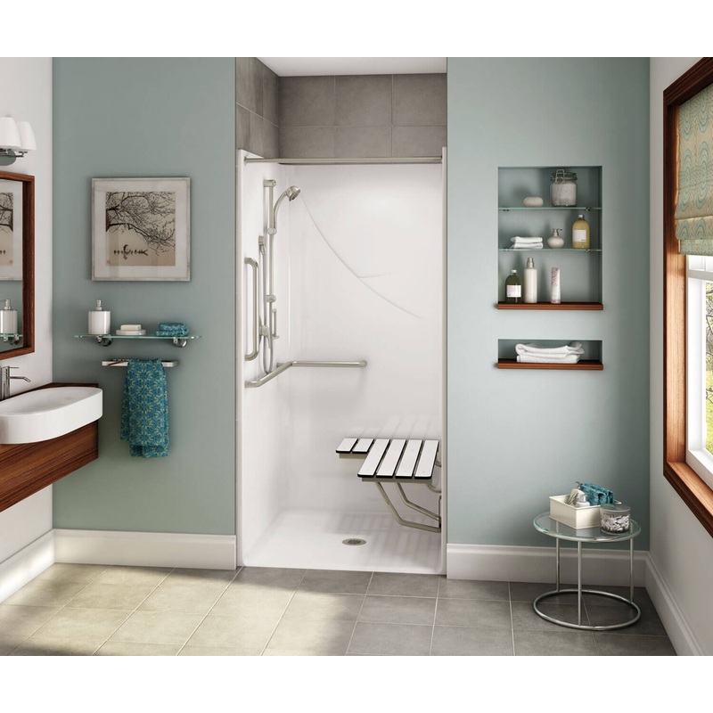 MAAX 106070-000-002-125 OPS-3636-RS – Complete Accessibility Package with Vertical Bar AcrylX Alcove Center Drain One-Piece Shower in White