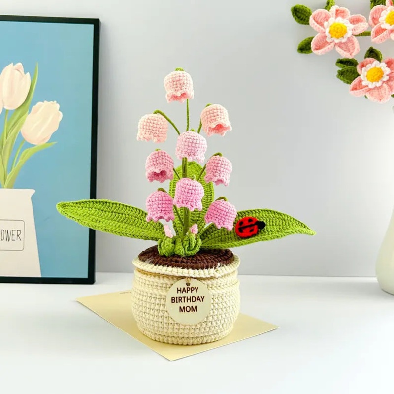 Pink Handmade Crochet Lily of the Valley Potted Plant – Gradient Blue Flower Decor Gift