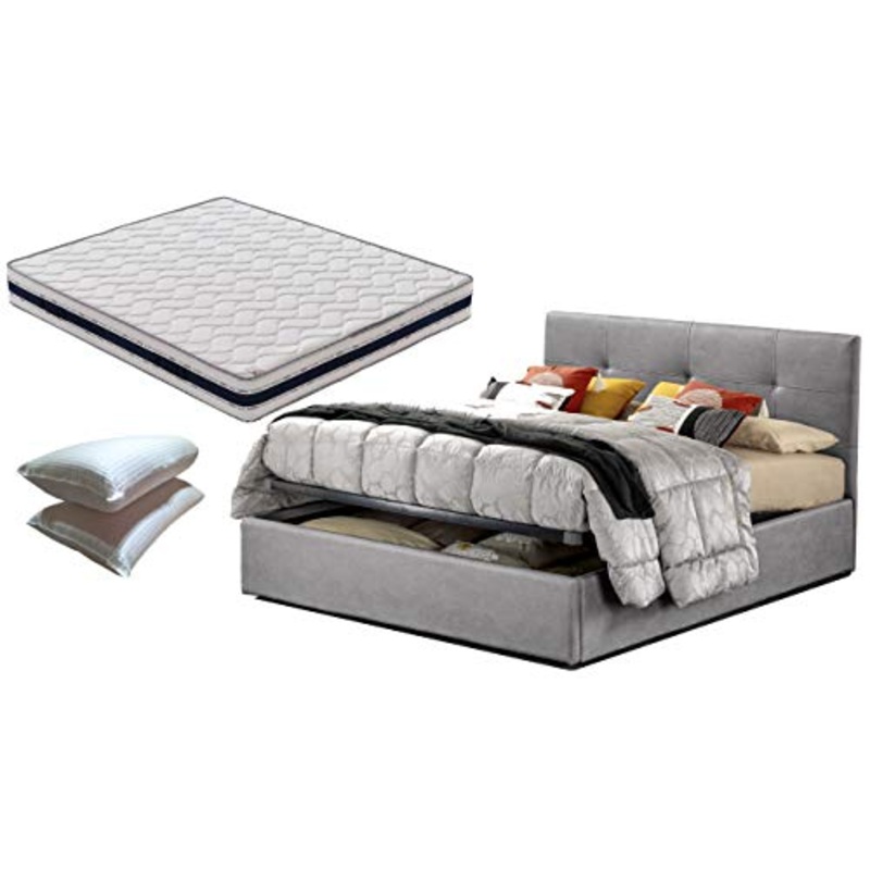 SARDAMATERASSI Letto matrimoniale con box contenitore in similpelle grigio, elegante e moderno, compreso di materasso memory altezza 21 cm ortopedico e coppia guanciali omaggio