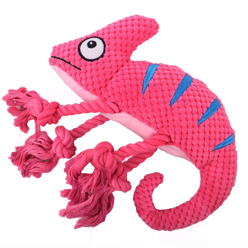 2 Pcs Pink Interactive Plush Chameleon Dog Toy with Squeaker & Rope Legs – Durable Chew Toy for Medium/Large Dogs, Teeth Cleaning Texture, Machine Washable (10.2in)