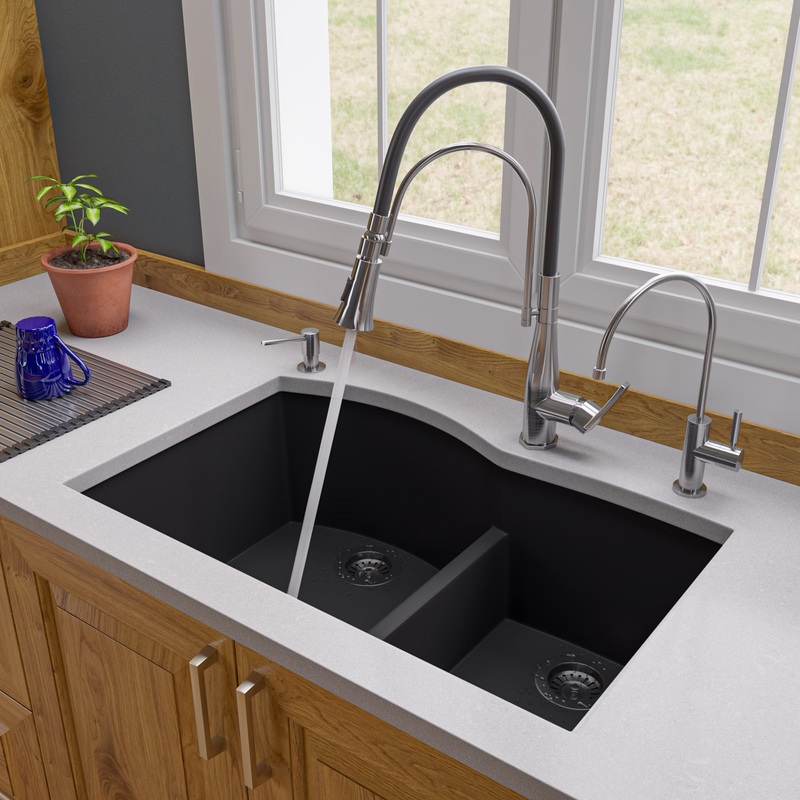 ALFI brand AB3320UM-BLA Black 33″ Double Bowl Undermount Granite Composite Kitchen Sink