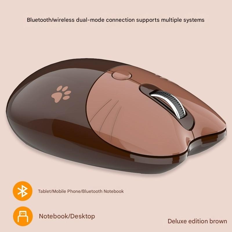 Cute Cat Shaped Wireless Office Mouse – Dual Mode 2.4G/Bluetooth, 3-Level DPI, Silent Click(brown)