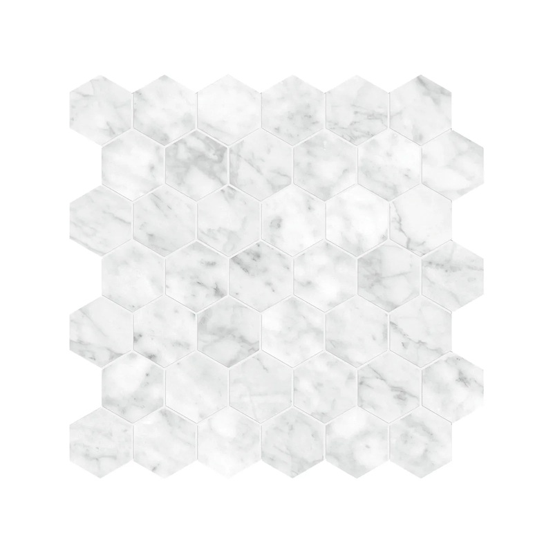 La Marca 2 Inch Hexagon Carrara Honed Porcelain Mosaics. 1 Sheet = .96 Sq. Ft. Gioia 2″