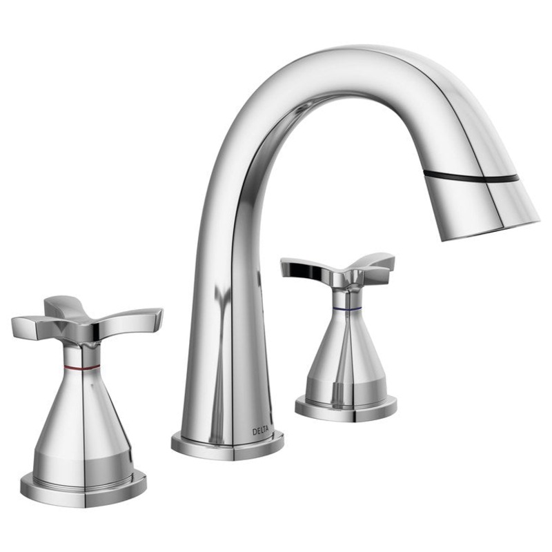 Lavatory Faucet Stryke Widespread 4-16 Inch Spread 2 Helo ADA WaterSense Lumicoat Chrome 1.2 Gallons per Minute Metal Pop-Up 3 Hole Diamond Seal Technology