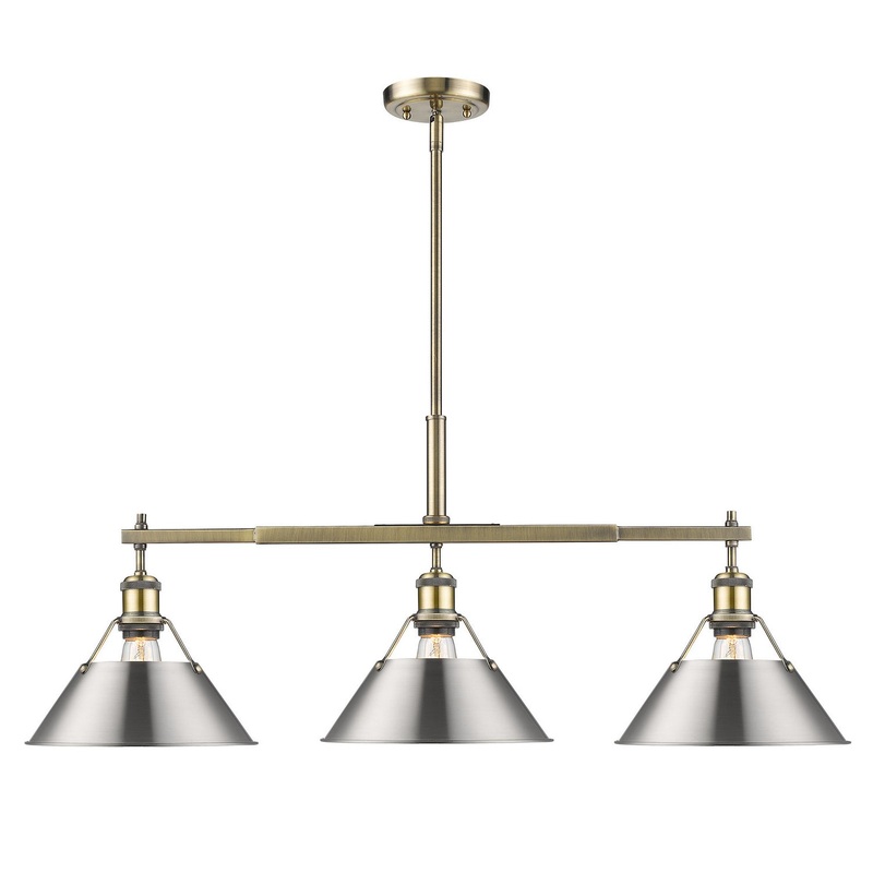Three Light Linear Pendant from the Orwell Collection in Aged Brass Finish by Golden