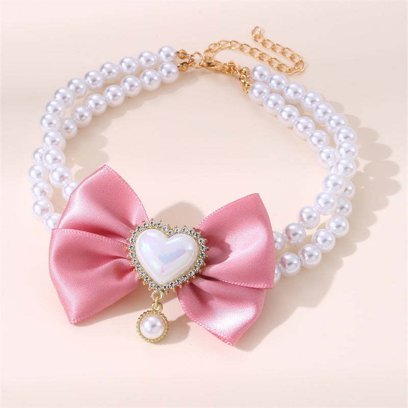 2 – PCS Cute Pet Pearl Necklace Collar with Pink Bow and Heart Charm – Size M