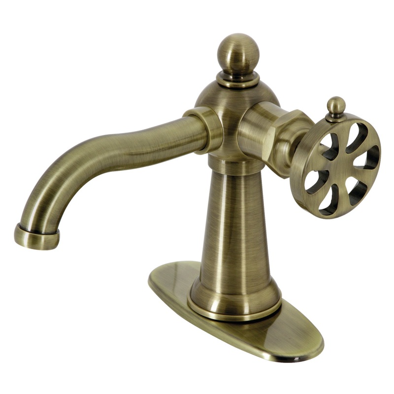 Belknap KSD3543RX Single-Handle 1-Hole Deck Mount Bathroom Faucet with Push Pop-Up and Deck Plate, Antique Brass