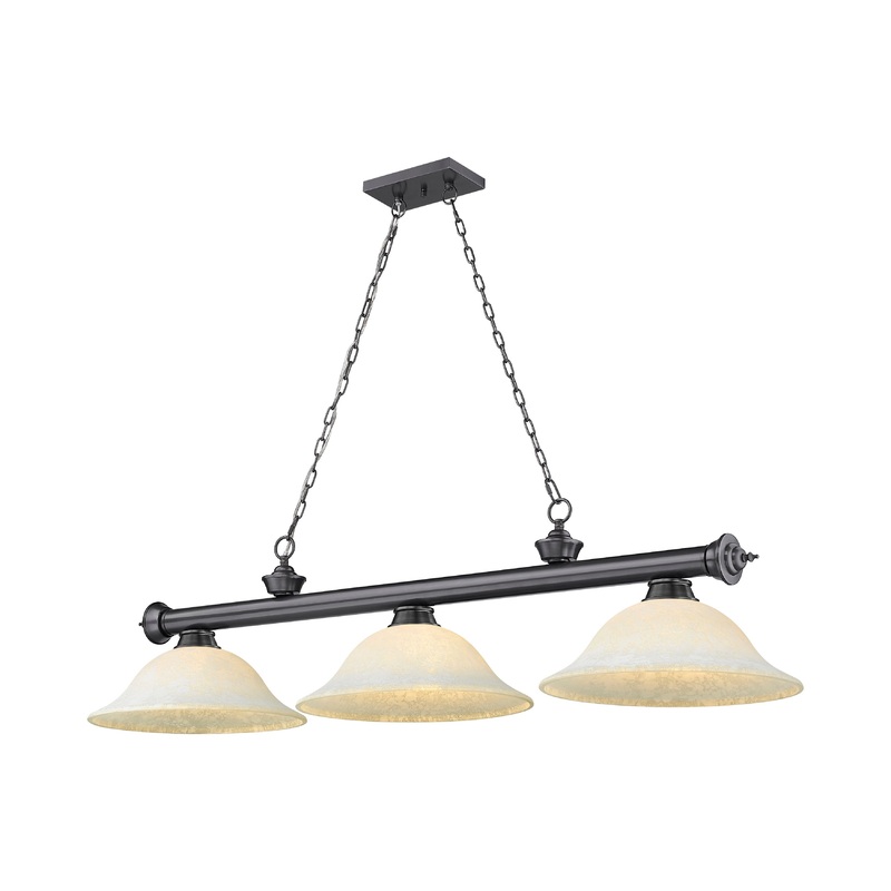Cordon 3-Light Billiard Bronze Plate Bell White Mottle Glass