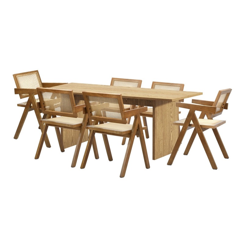 Oikiture 180cm Rectangular Dining Table with 6PCS Dining Chairs Wooden Walnut