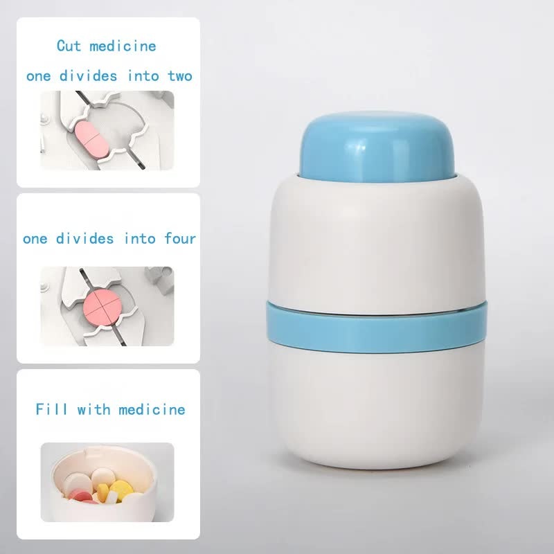 White And Blue 3-in-1 Pill Cutter Crusher & Storage Box – Portable Tablet Splitter Grinder for Precise Dosing