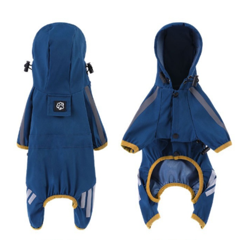 XL Blue And Gray Trim Waterproof Four-Legged Dog Raincoat with Leash Hole for Small Breeds