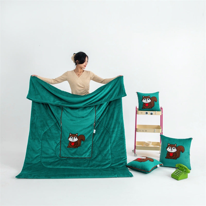 Dark Green Little Squirrel – 2-in-1 Foldable Car Pillow Blanket – Cozy 40x40cm Pillow, Unfolds to 100x150cm Blanket for Travel and Office Naps