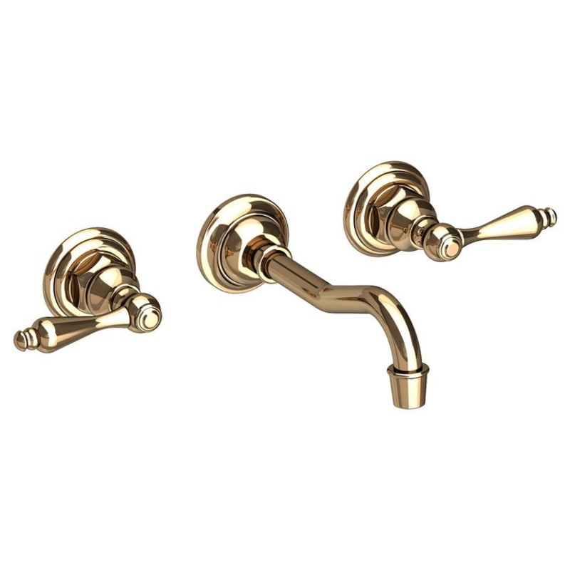 Lavatory Faucet Chesterfield Wall Mount 8 Inch Spread 2 Lever ADA WaterSense French Gold PVD 1.2 Gallons Per Minute Brass Less Drain Spout Reach 7-1/4 Inch