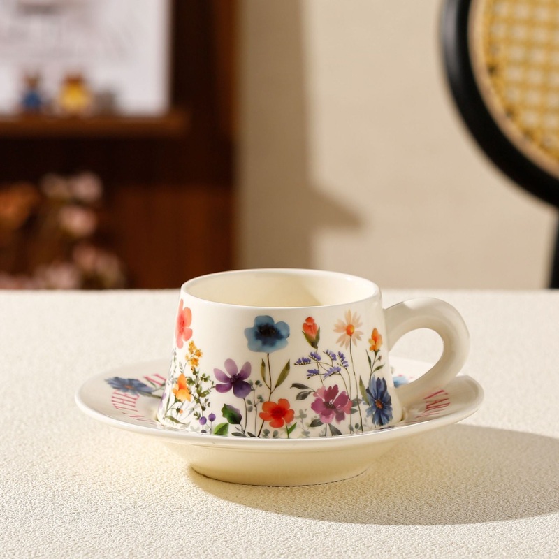Vintage Floral Ceramic Coffee Cup & Saucer Set(White disc – colorful flowers)