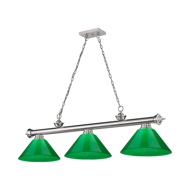Cordon 3-Light Billiard Brushed Nickel Cone Green Plastic