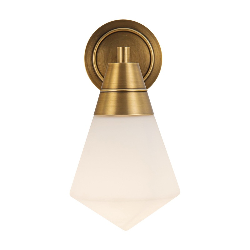 One Light Wall Sconce from the Willard Collection in Vintage Brass/Matte Opal Glass Finish by Alora
