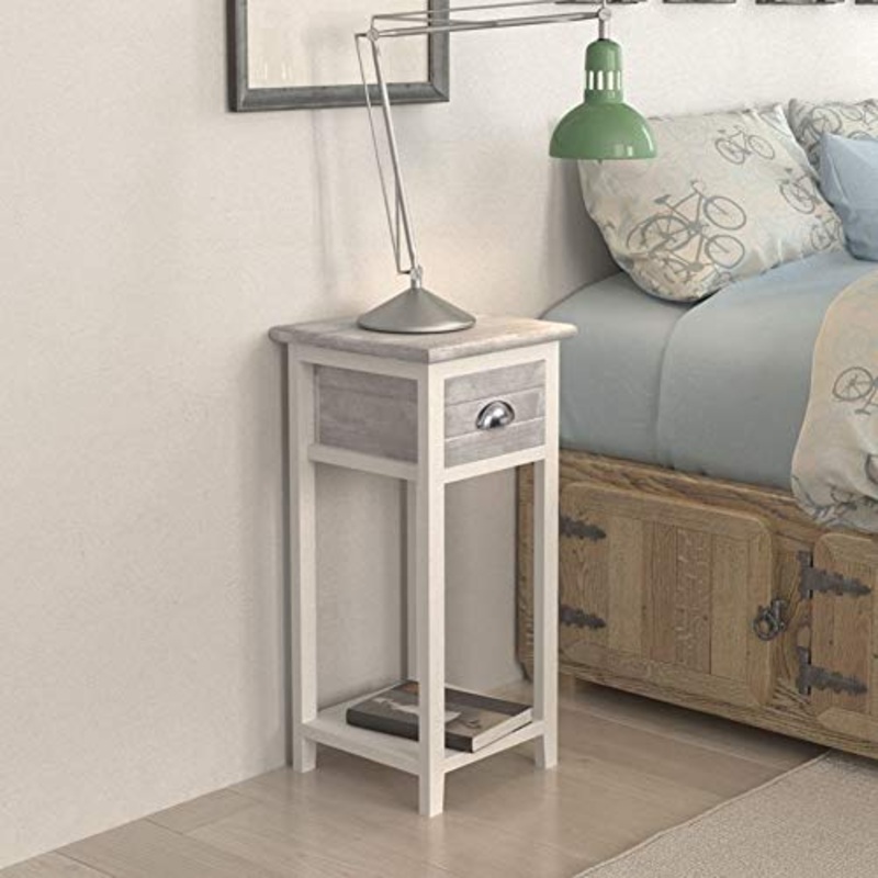 Comodino con ripiano e cassetto scorrevole, tavolo da notte in legno, elegante tavolo da comodino, robusto, per camera da letto, uso multiplo, 30 x 30 x 63 cm, bianco e grigio