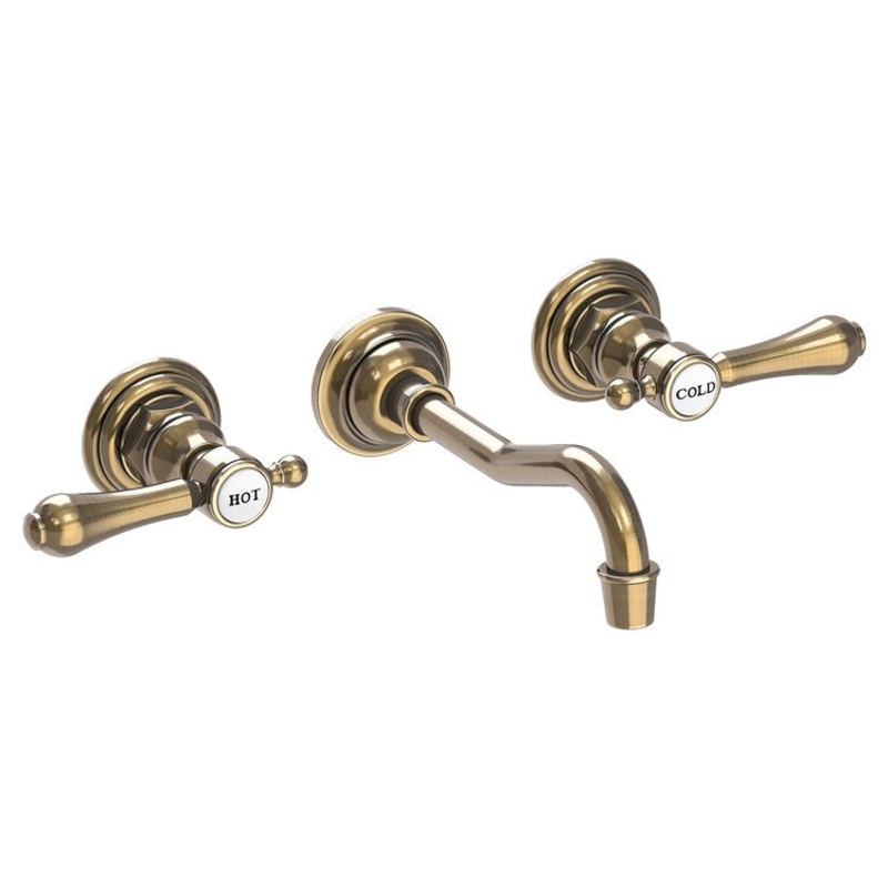 Lavatory Faucet Chesterfield Wall Mount Hot Cold Indicators 8 Inch Spread 2 Lever ADA WaterSense Antique Brass 1.2 Gallons Per Minute Brass Less Drain Spout Reach 7-1/4 Inch