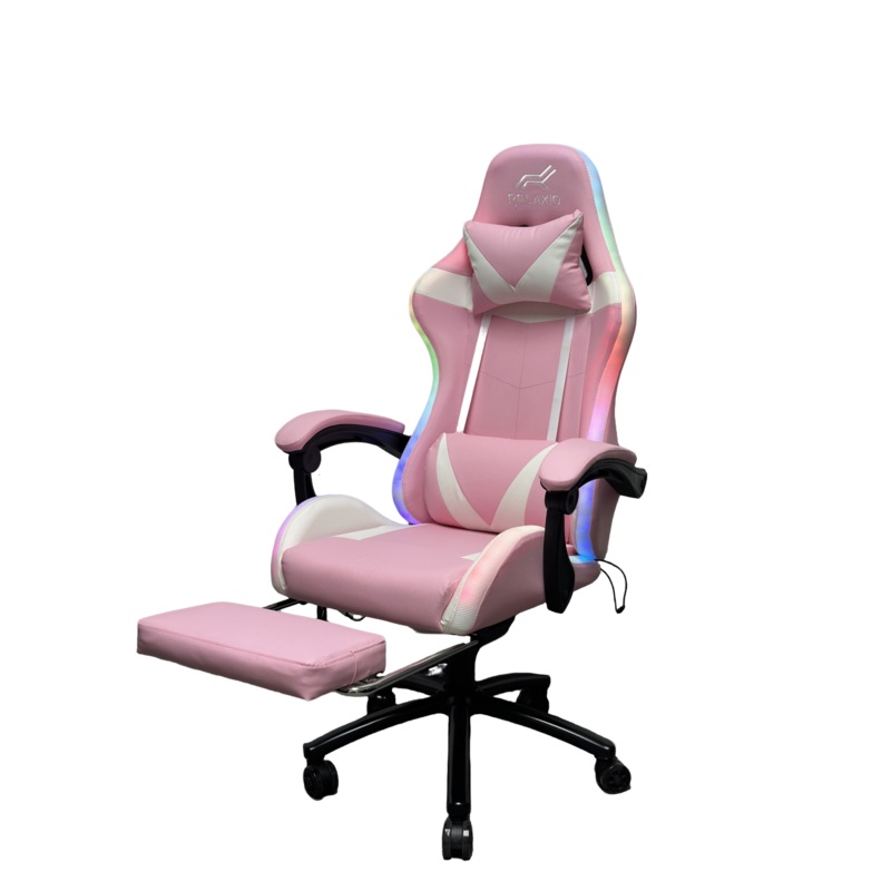 Gaming Chair With Headrest and Foot Rest LED Light – Pink White