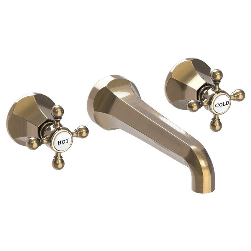 Lavatory Faucet Metropole Wall Mount 8 Inch Spread 2 Cross ADA WaterSense Antique Brass 1.2 Gallons Per Minute Brass Less Drain Spout Reach 7-1/2 Inch