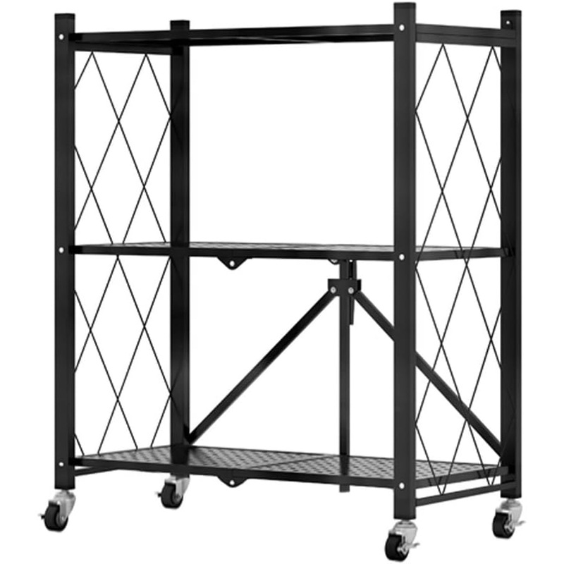 CARLA HOME 3-Tier Foldable Storage Shelf with Wheels for Kitchen, Garage, Pantry or Basement (Black)