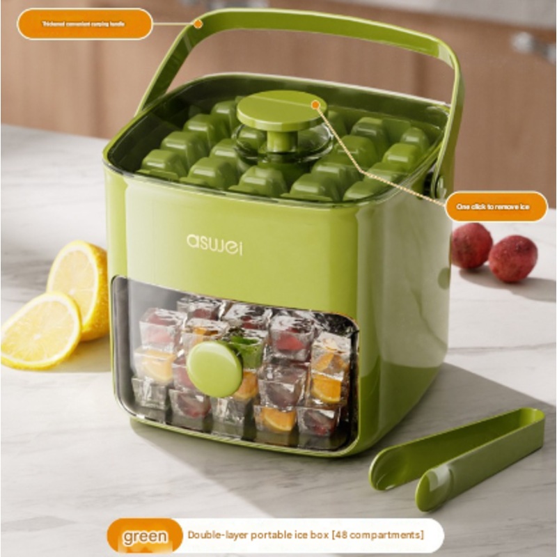 Green Innovative Press-Release Ice Cube Maker – Dual Layer Trays & Storage Bin (48 Cubes)