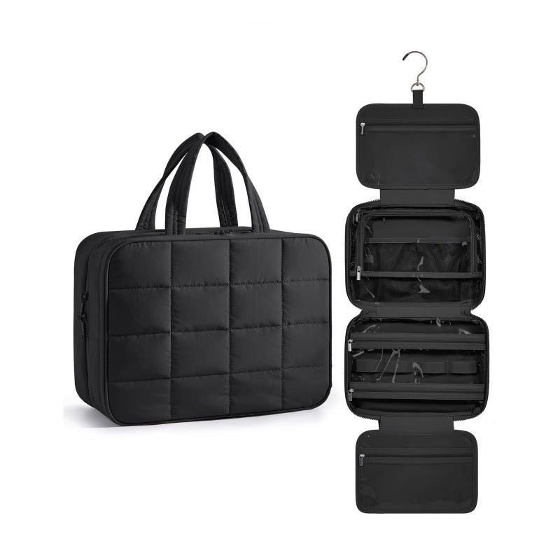 Size L Black Quilted Hanging Toiletry Bag with Jewelry Organizer – Travel Cosmetic Case(31*12*23)