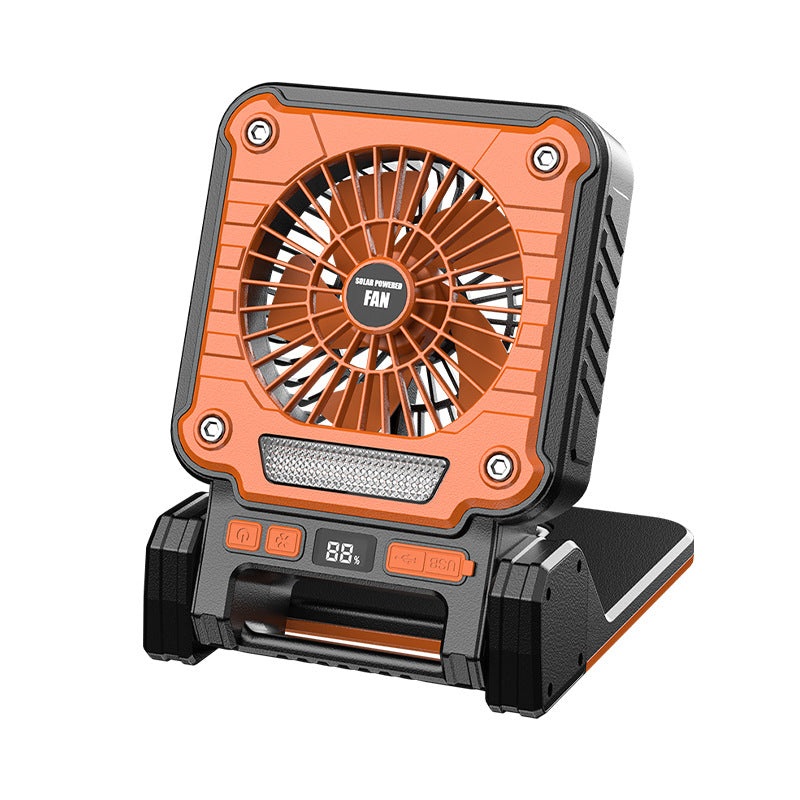 Solar & USB Rechargeable Camping Fan with LED Light – Portable Power Bank, 180 Collapsible(Orange)