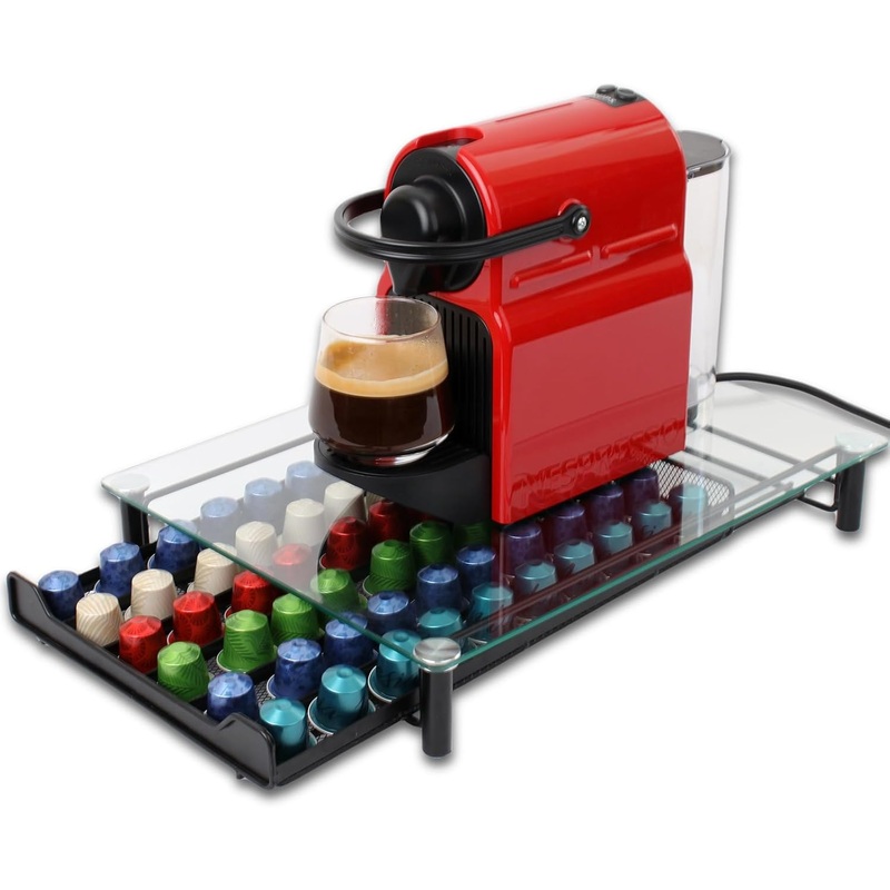 CARLA HOME 60 Coffee Pod Holder Drawer with Tempered Glass Capsule Organizer for Nespresso Pods and Sliding Drawer for Kitchen Countertop