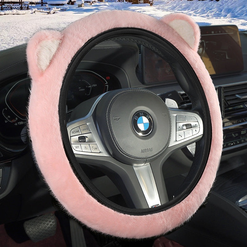 Pink Plush Cat Ear Steering Wheel Cover – Cute & Fuzzy Winter Grip, Universal 38cm Fit
