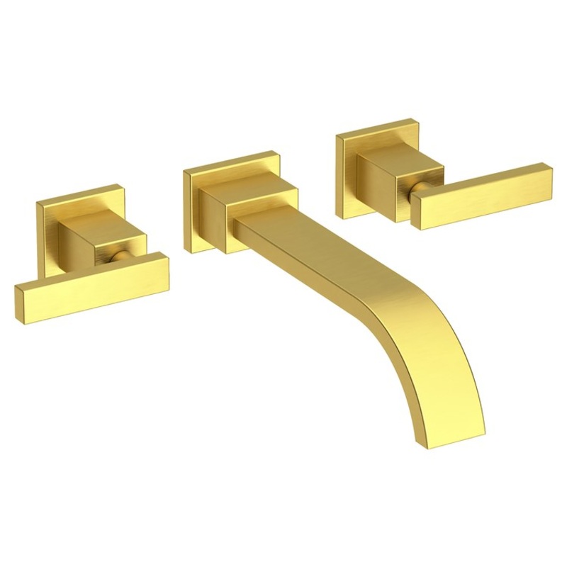 Lavatory Faucet Secant Wall Mount 8 Inch Spread 2 Lever ADA Satin Brass PVD 1.2 Gallons per Minute Brass Spout Height Inch