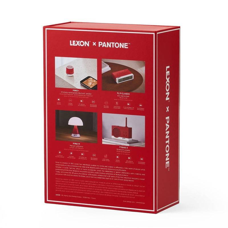Lexon GIFT Set PANTONE – Includes Mino+ Mini Speaker, Flip Classic Clock, Mina M Lamp, Thykho 3  Speaker – 2035 Red