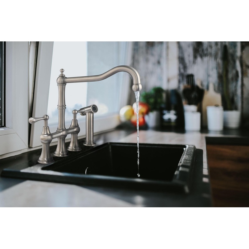 Waterhaus Lead-Free Solid Stainless Steel Bridge Faucet with a Traditional Spout, Lever Handles and Side Spray