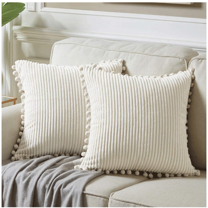 White Soft Corduroy Cushion Covers with Pom Pom Trim – Set of 2 Decorative Throw Pillow Cases for Sofa Couch Bed, 45x45cm