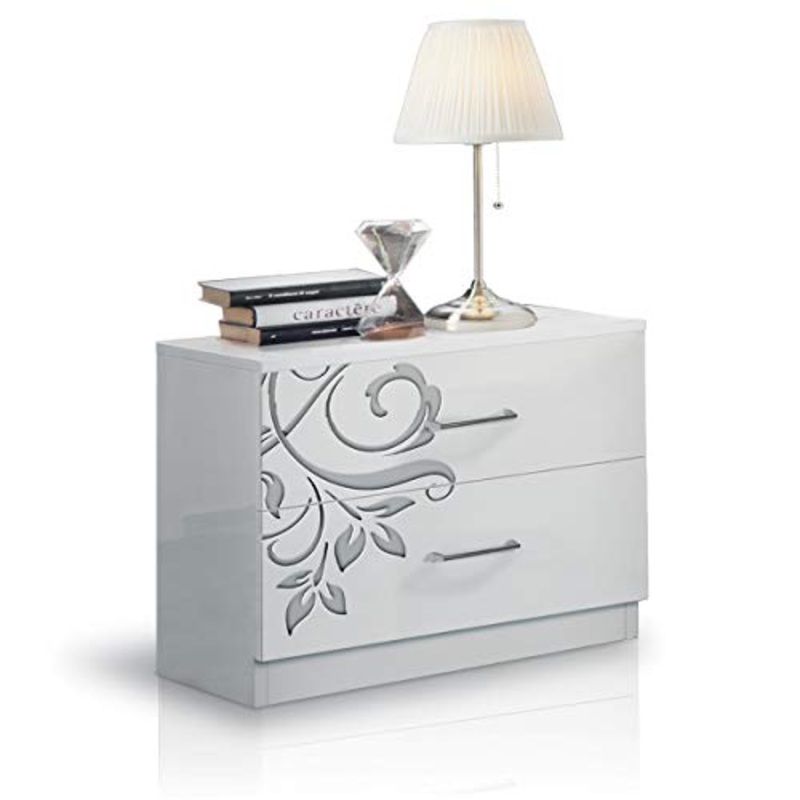 MF Comodino 2 Cassetti Laccato Lucido, 55 x 48 x 37 cm (Bianco Serigrafato)