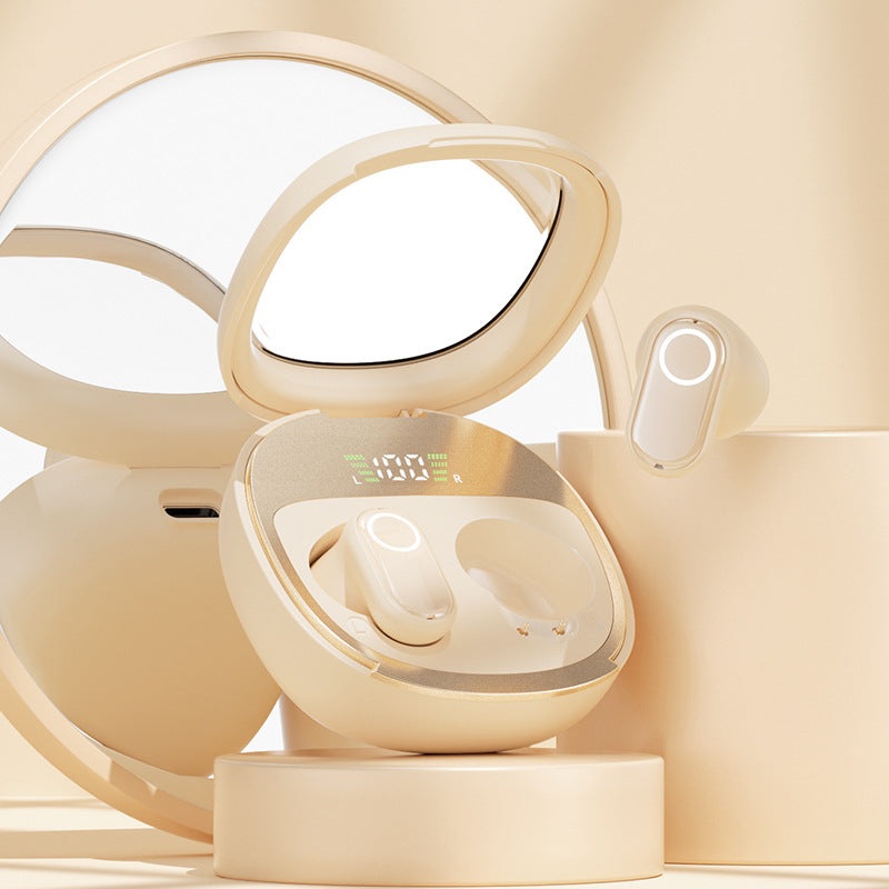 Beige Feather-Light TWS Earbuds – Bluetooth 5.4, Hi-Fi Sound, LED Display Case, 60H+ Playtime, Touch Control