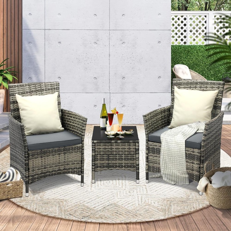 Outdoor Furniture Patio Chairs Table 3PCS Grey