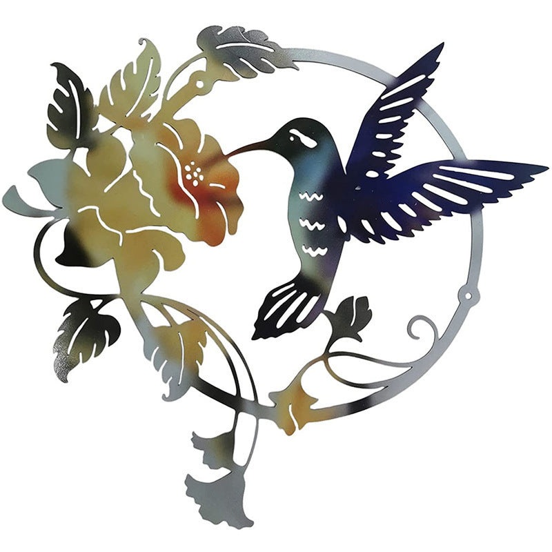 Yellow Set of 2 Round Metal Wall Art – Hummingbird & Flower Sculpture for Indoor & Outdoor Decor