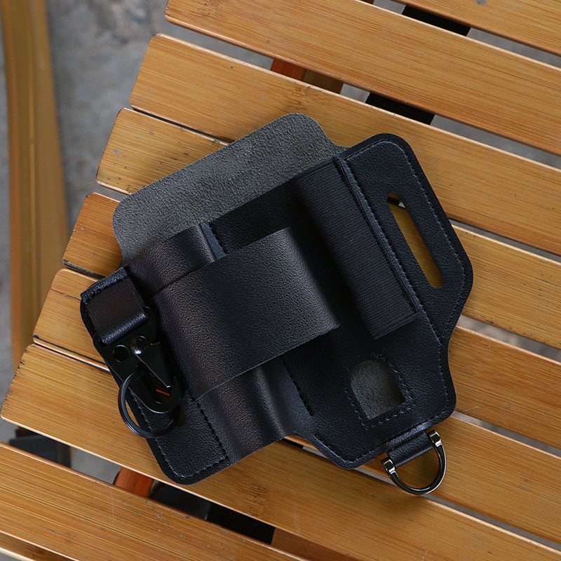 2-piece Black Outdoor EDC Tactical Tool Waist Bag – Multi-Functional Belt Storage Pouch with Flashlight, Copper Sleeve, and Survival Knife Holder