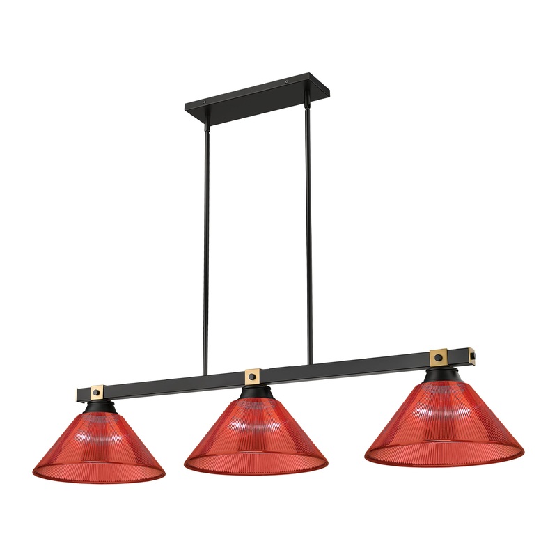 Bronte 3-Light Billiard Matte Black + Rubbed Brass Cone Burgundy Acrylic