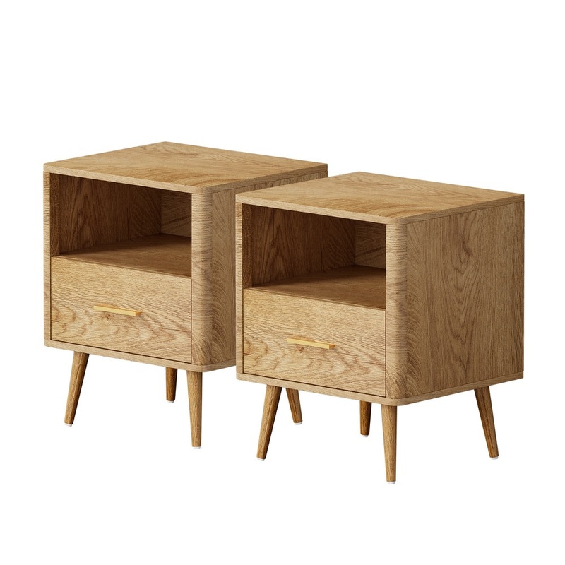 Oikiture 2x Bedside Table 1 Drawer Open Shelf Nightstand Natural