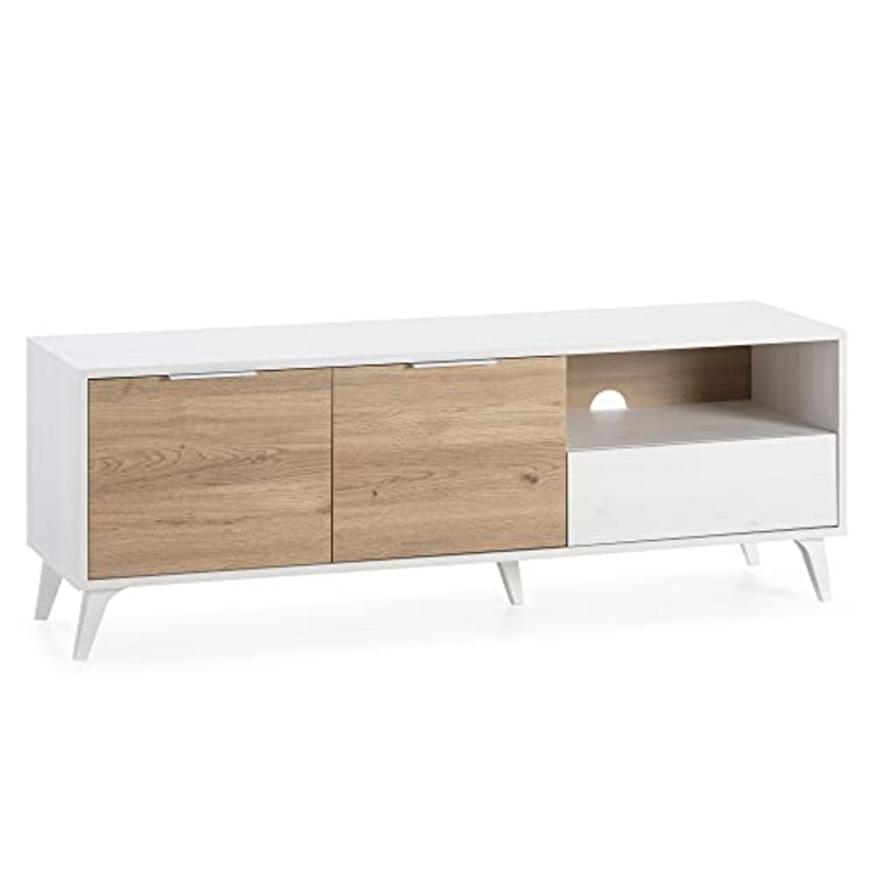 VS Venta-stock Mobile TV Koln 2 Porte e 1 cassetto, Color Bianco Spazzolato e Legno, 136,5 cm (Larghezza) 40 cm (profondit) 48,5 cm (Altezza)